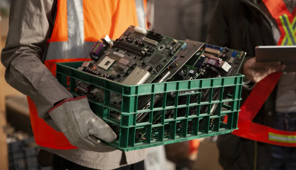 Portrait of female and male recycling coworkers holding digital tablet and plastic box full of old mother boards while looking at the camera