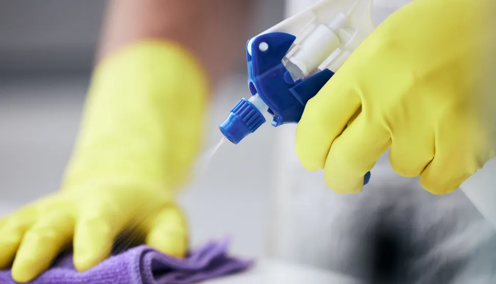 Using spray and cloth cleaning a surface at home