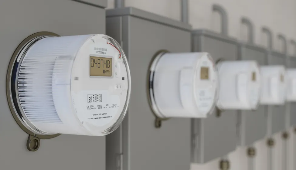 Close-up View Of Electric Meters On Wall With Blurred Background