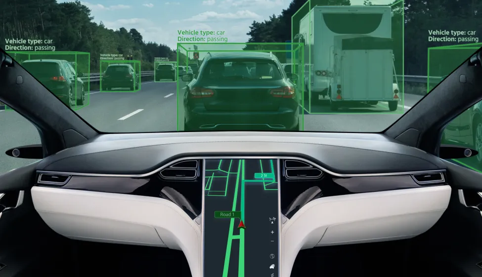 Self driving car on a road. Autonomous vehicle. Inside view.