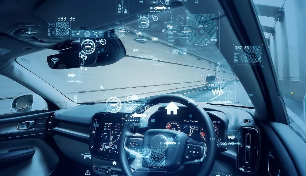 Cockpit of autonomous car. Driverless vehicle. Automotive technology.