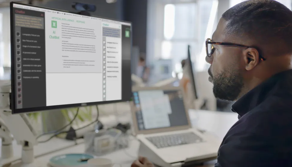 Stock image showing a black man’s face looking into a computer screen in an open plan working office. Type is being added to the screen by an Artificial intelligence, AI, chatbot.