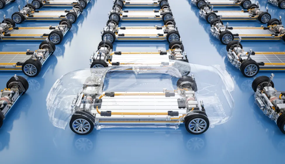 3d rendering electric cars assembly line with pack of battery cells module on platform