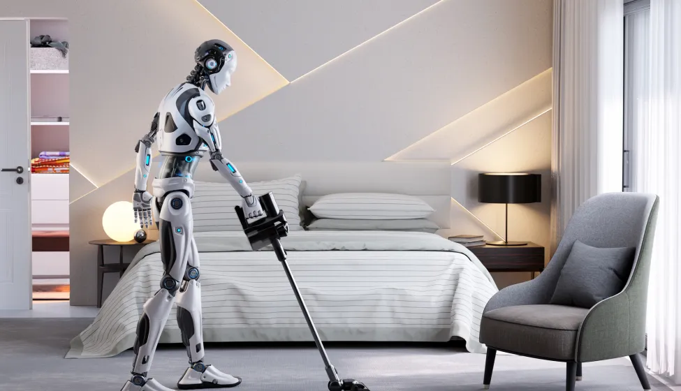 Robot assistant doing vacuuming a room. Home helper. Smart assistant. 3D illustration