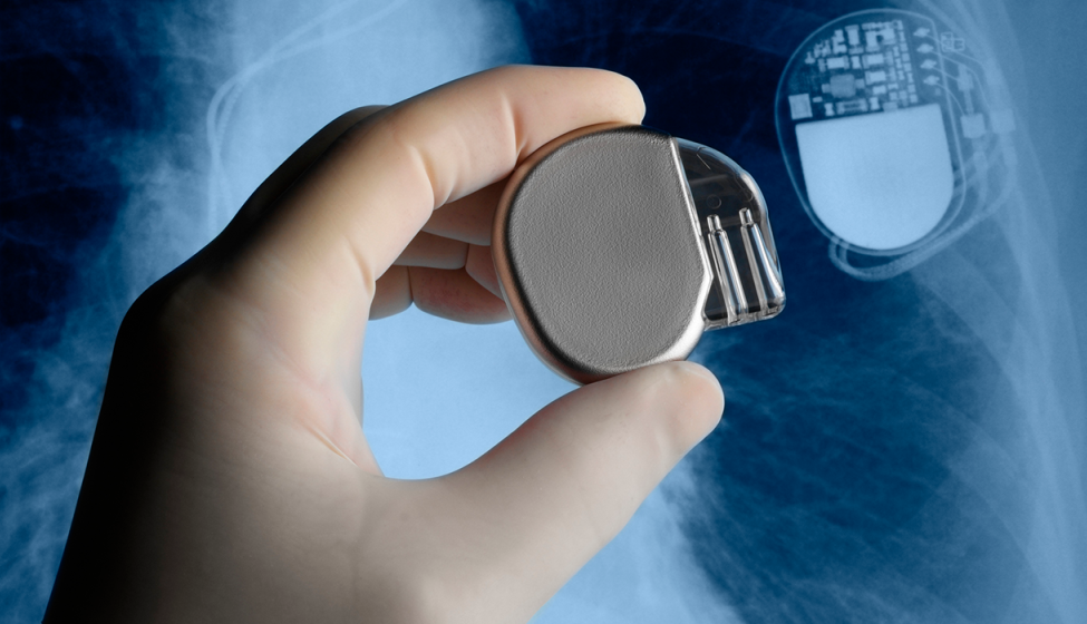 Hand holding a pacemaker in front of an x-ray