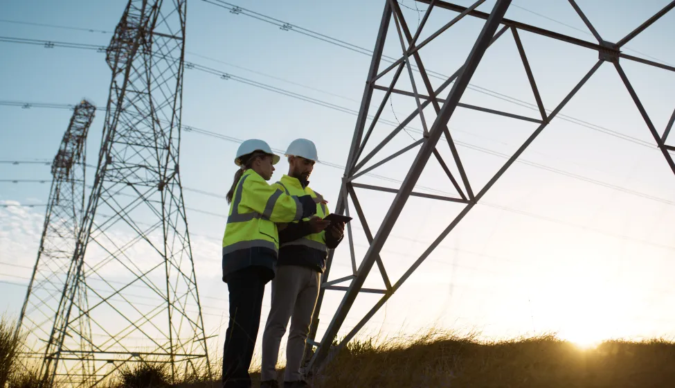 Teamwork, electrical engineer and tablet in power plant with inspection for electricity transmission or tower check. Engineering, collaboration or data transfer for energy distribution or maintenance