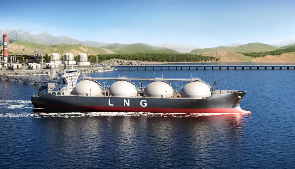 This digitally created image features an LNG tanker docked at an industrial harbor, surrounded by infrastructure and mountains. Perfect for use in discussions about energy distribution, maritime transport logistics, and industrial landscapes