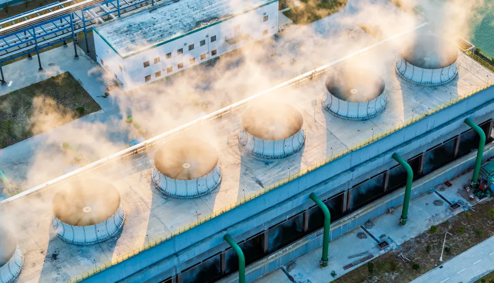 Aerial view of industrial exhaust fans at sunrise, China