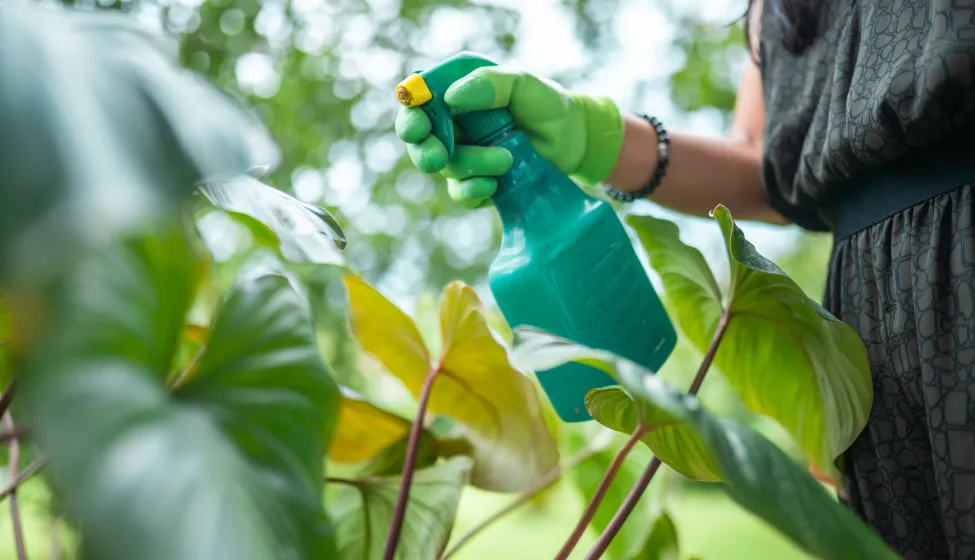 A caring Hispanic adult woman tends to her lush backyard garden, attentively spraying her green flowering plants with a blue watering can.