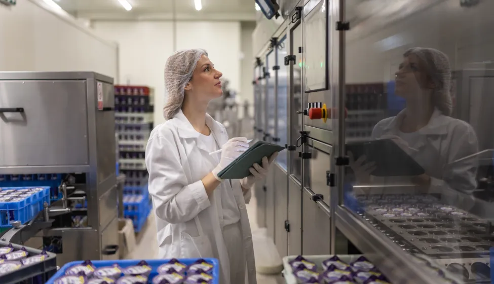  Portrait of woman operating machines at food factory 