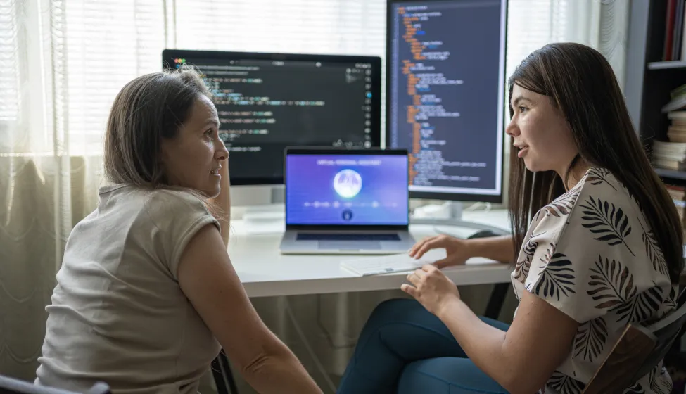 Two Female Programmers Learning To Code In Modern Office Using AI