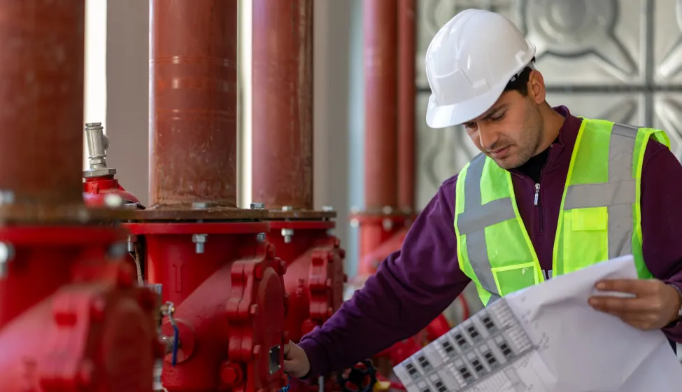 Engineer wearing a hard hat and safety vest, inspecting red industrial fire sprinkler pipes and checking blueprints, ensuring system integrity and safety in a commercial building
