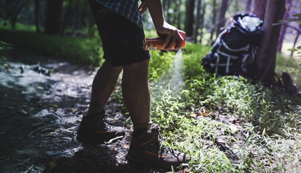 A hiker on a trail spraying bug repellant on their leg