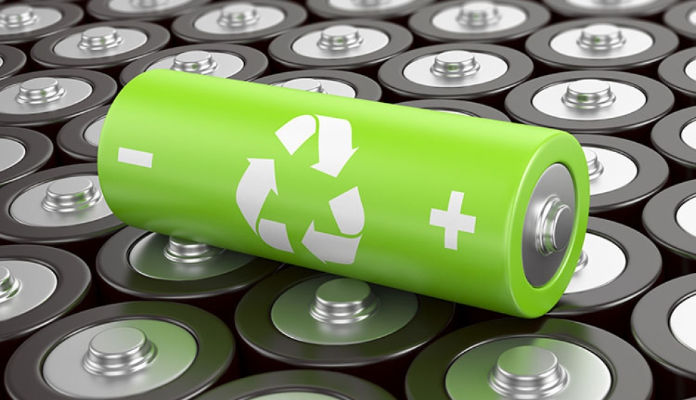 A green battery with the recycle symbol