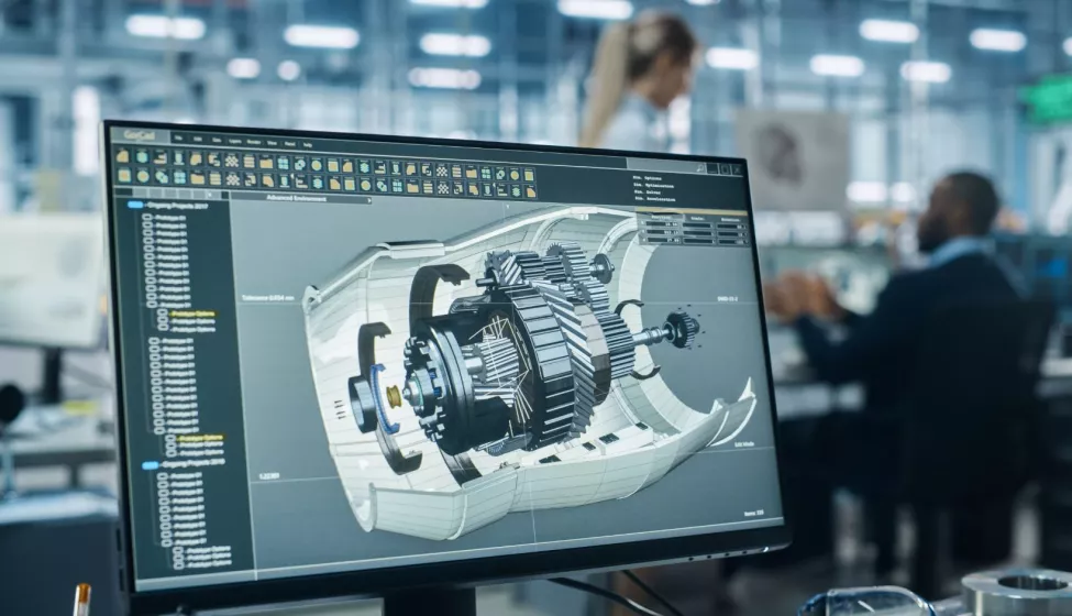 Car Factory Office: Engineer Working on Turbine Prototype on Computer,