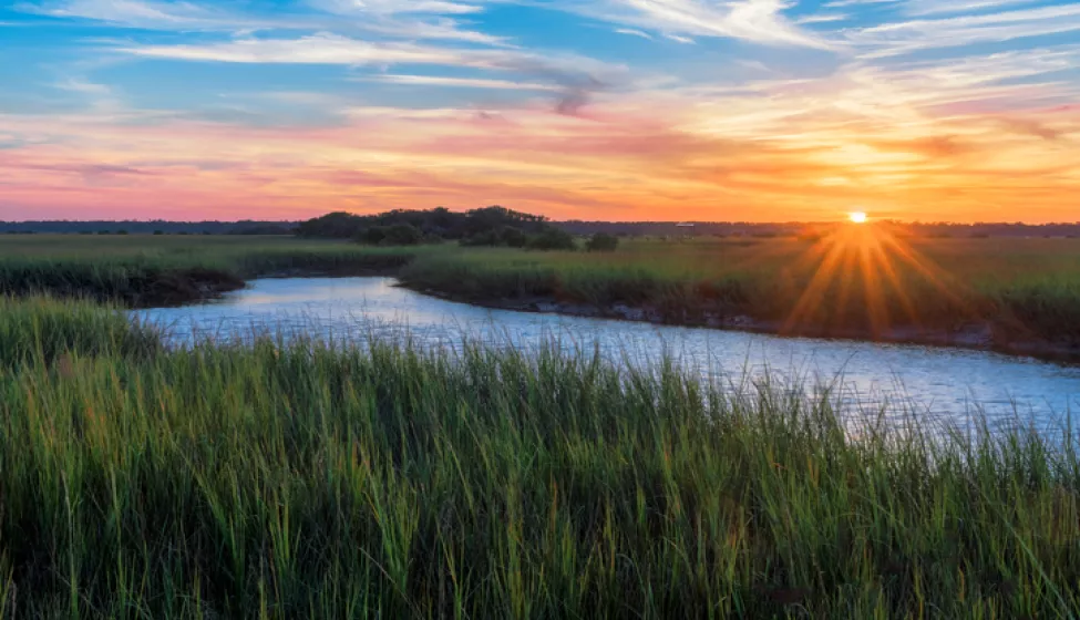 A sunset over a river landscape. Exponent helps companies understand and mitigate their impact on the environment. 