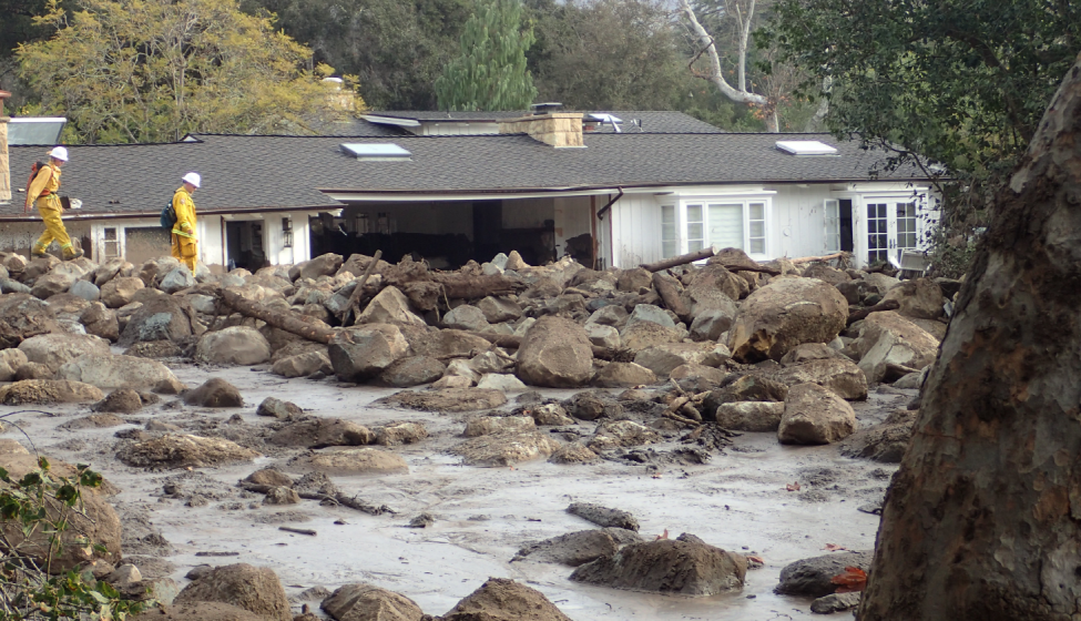 House destroyed by Montecito debris flow. Exponent risk assessments of external hazards and natural disasters.