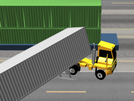 Computer rendering of a tractor trailer accident. Exponent conducts vehicle accident reconstruction and analysis.