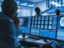 Person wearing a lab coat looks at screens in medical setting