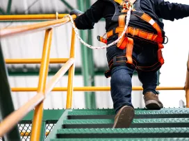 Worker in bright color safety gear running up steps. Exponent conducts construction risk analyses.