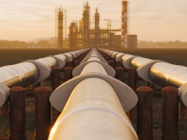 A picture of a long oil and gas pipeline. Exponent materials engineers analyze corrosion and help improve pipeline materials. 