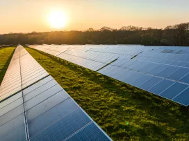 Solar power farm in the evening, West Sussex, UK.