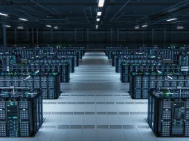 Modern Data Technology Center Server Racks Working in Well-Lighted Room. Concept of Internet of Things, Big Data Protection, Storage, Cryptocurrency Farm, Cloud Computing. Mining Facility Warehouse.