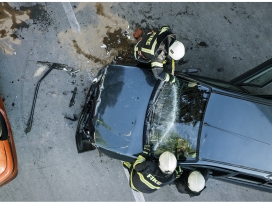 Aerial view of a car crash. Exponent engineers and scientists provide support for all types of accident investigations.