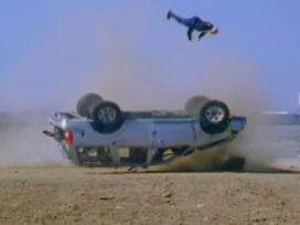 An SUV in a roll over crash test. Exponent uses human factors and biomedical research to enhance product performance.