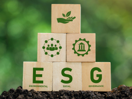 Stack of wooden blocks spelling the words Environmental Social Governance. Exponent provides environmental sustainability consulting.