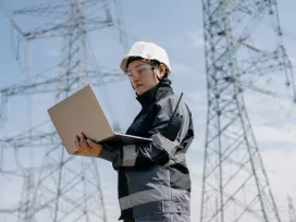 A utilities professional wearing goggles and helmet, staring at a laptop with 2 electrical towers in background