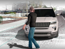 A recreation of a man on a cell phone walking in front of a white SUV.  