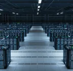 Modern Data Technology Center Server Racks Working in Well-Lighted Room. Concept of Internet of Things, Big Data Protection, Storage, Cryptocurrency Farm, Cloud Computing. Mining Facility Warehouse.