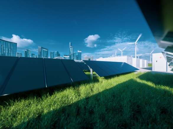 Modern black frameless solar panel farm, battery energy storage and wind turbines - sustainable energy system. 